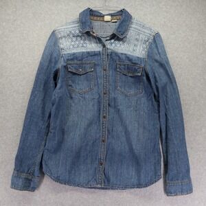 Roxy Shirt Top Womens Medium Denim Western Flap Pocket Snap Blue Long Sleeve